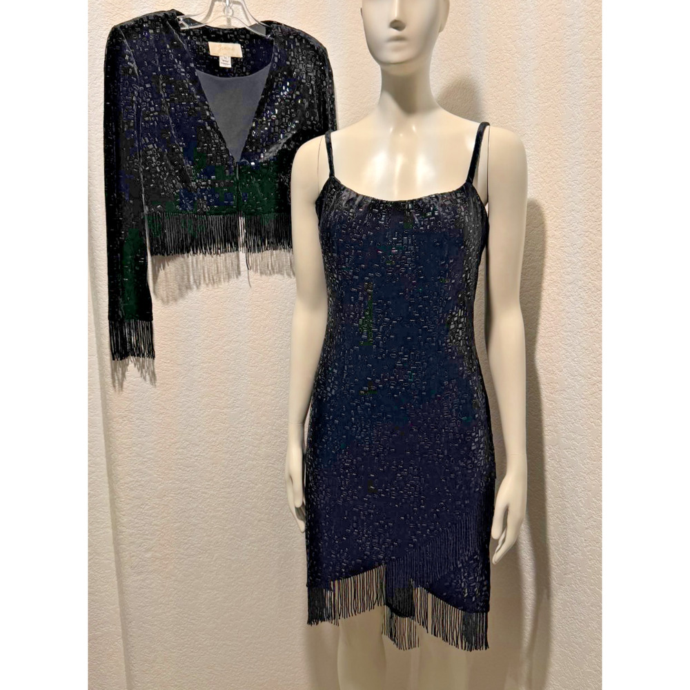 Y2K Black 2 PC Velvet Beaded Fringe Flapper Slip Dress w Jacket M Italy Cocktail